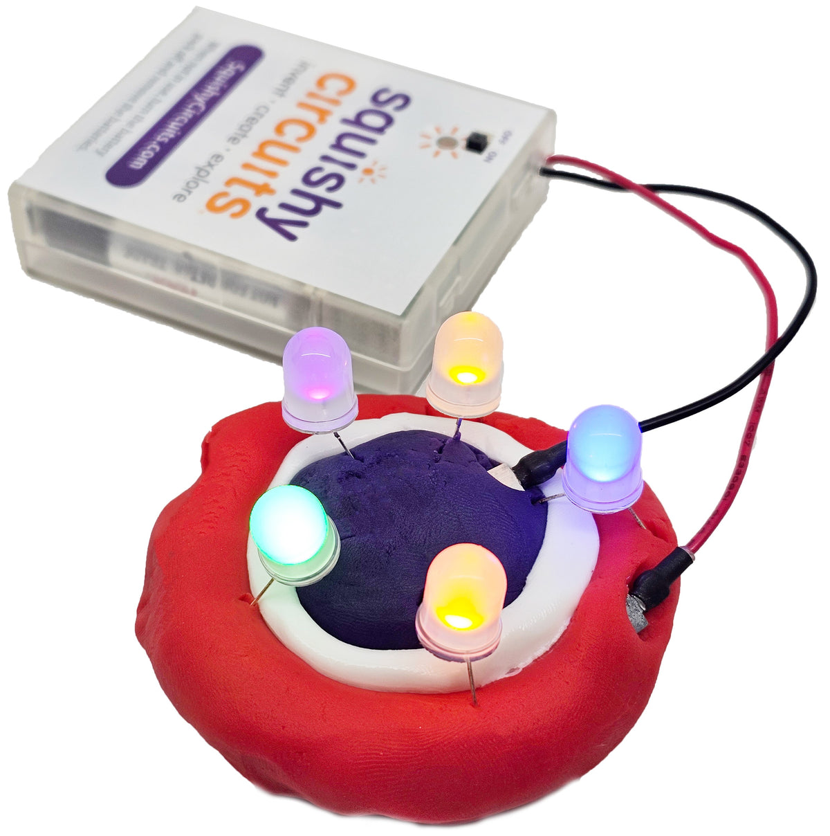 Several colored LEDs glowing in a ring of play dough connected to a battery holder