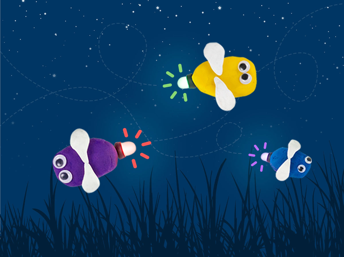 Three dough fireflies with glowing tails in a night sky
