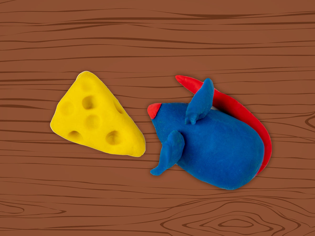 Blue dough mouse with a red tail nibbling a yellow dough cheese wedge