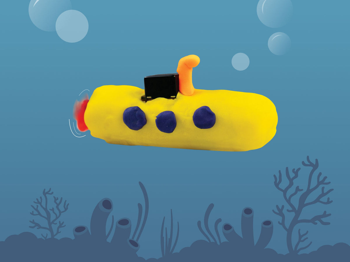Yellow dough submarine with blue portholes and a fan propeller under the sea