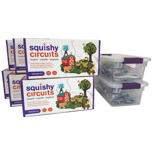 Squishy Circuits Group+ Kit with 12 Power Hubs: 6 Dough Kit boxes and 2 storage totes of components