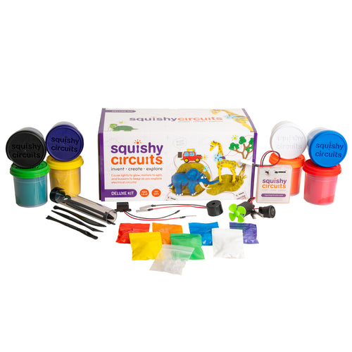 Squishy Circuits Deluxe Kit contents: battery holder with pulse slider, motor with fan, buzzers, switch, LEDs and 8 tubs of dough