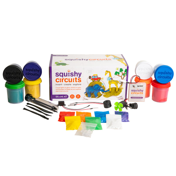 Squishy Circuits Deluxe Kit contents: battery holder with pulse slider, motor with fan, buzzers, switch, LEDs and 8 tubs of dough