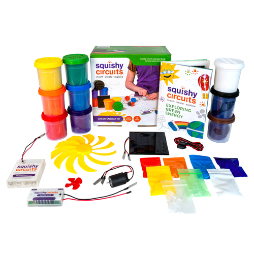 Squishy Circuits Green Engineering Kit contents: solar panel, super capacitor, motor with fan blades, LEDs and 9 tubs of dough