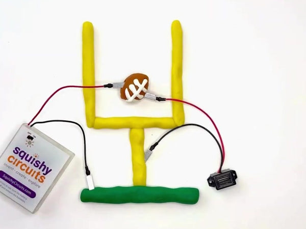 Goalpost, football and buzzer wired to the battery holder