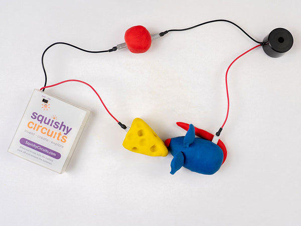Battery holder and buzzer wired to the mouse, the cheese and the red dough ball