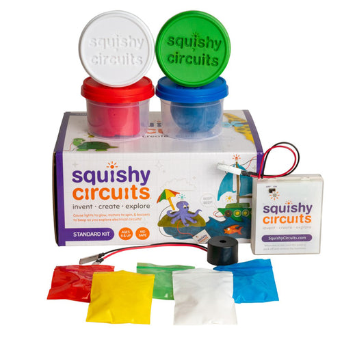 Squishy Circuits Standard Kit box with tubs of red, blue, green and white dough, LEDs and battery holder