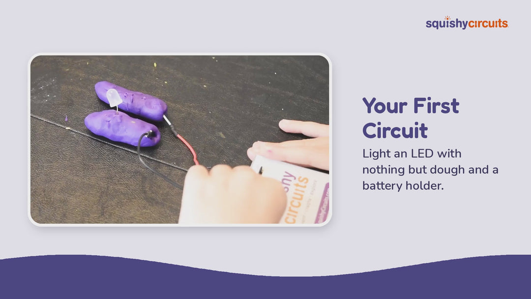 Lite Kit video: lighting up an LED in conductive dough with the Squishy Circuits battery holder